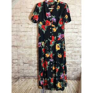 Vintage Lisa II Shirt Dress Medium Black Tropical Floral Full Button Front Long